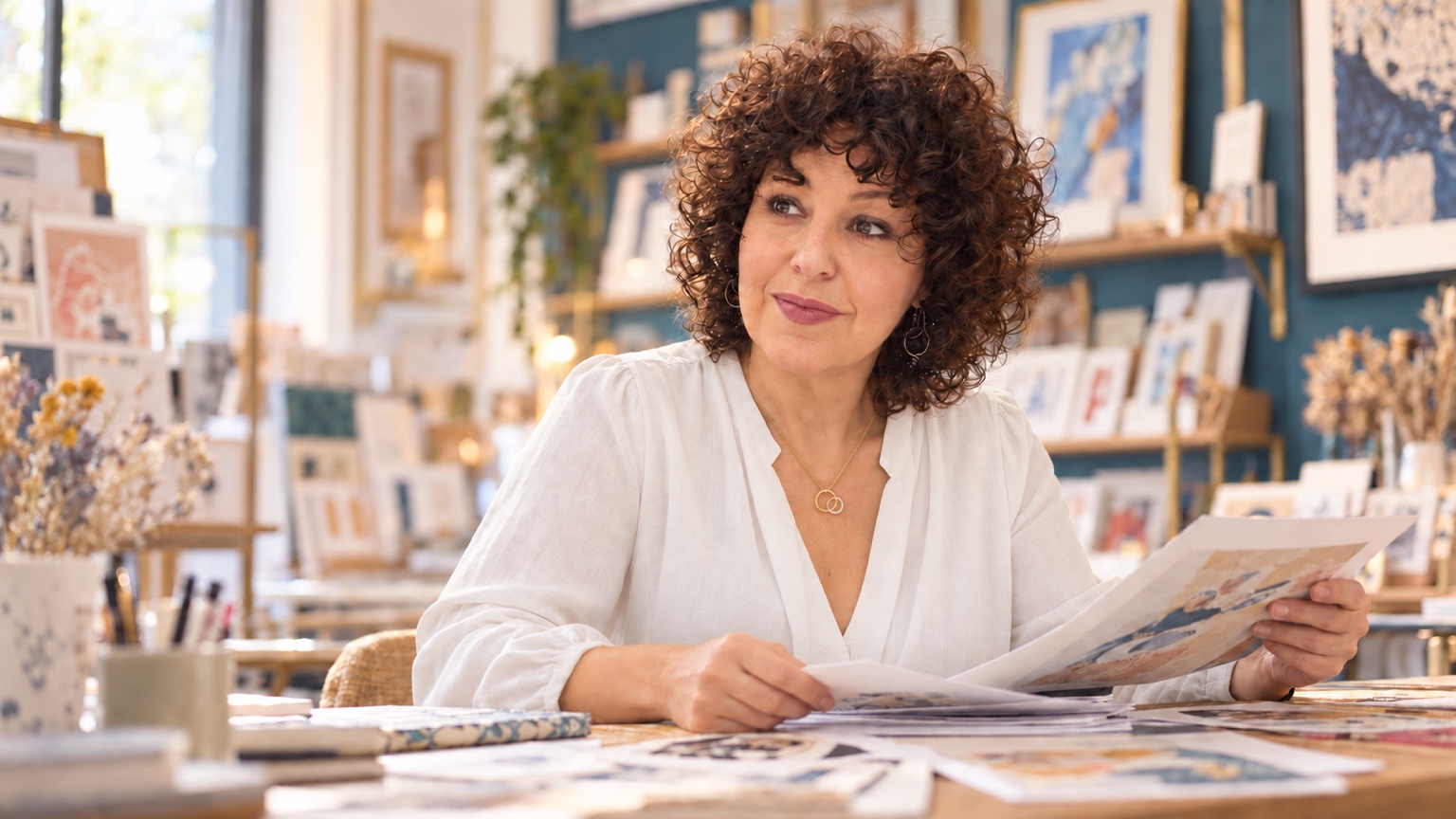 Guillermina Sogo seleccionando ilustraciones en AmoGalicia